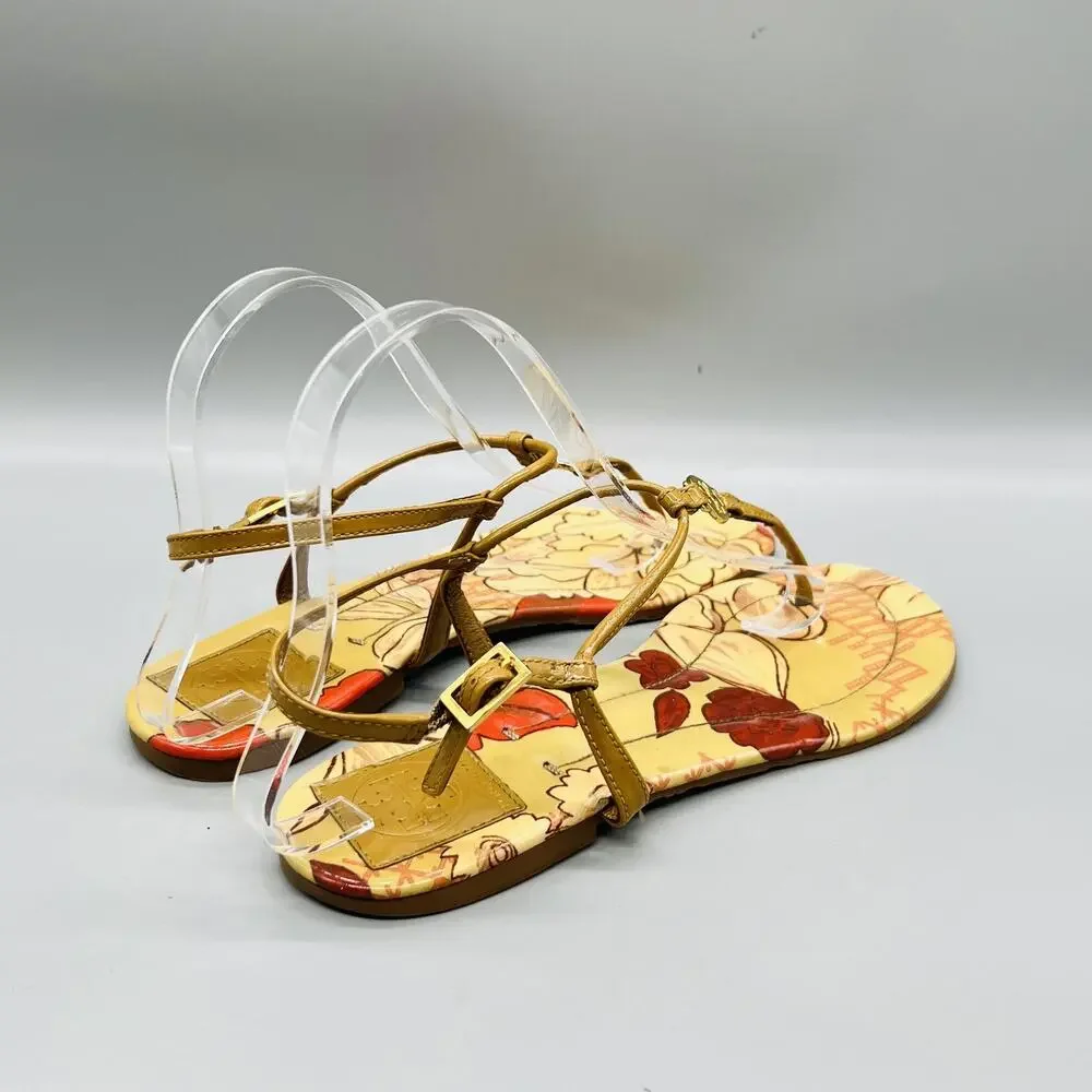 Tory Burch Sandals Womens 7.5 Tan Patent Leather Floral Thong Logo Flats